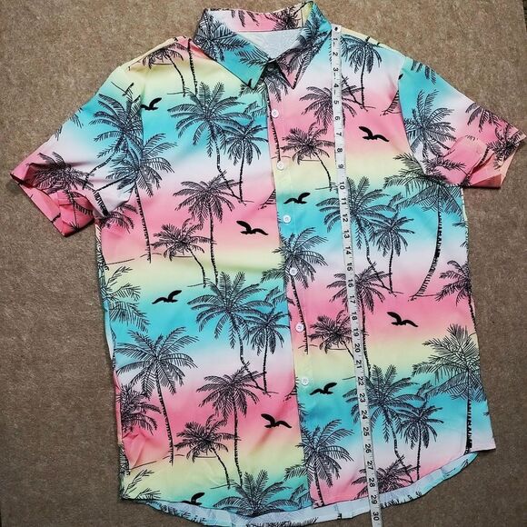 Tropical Palm Vacation Print Men's Short Sleeve Button Down Shirt #4 - Picture 7 of 8